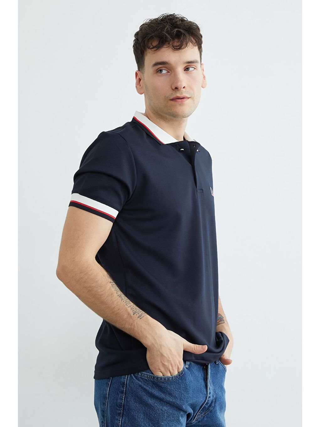 Lacivert Ribanalı Polo Yaka Yarım Düğmeli Modal Tişört-4