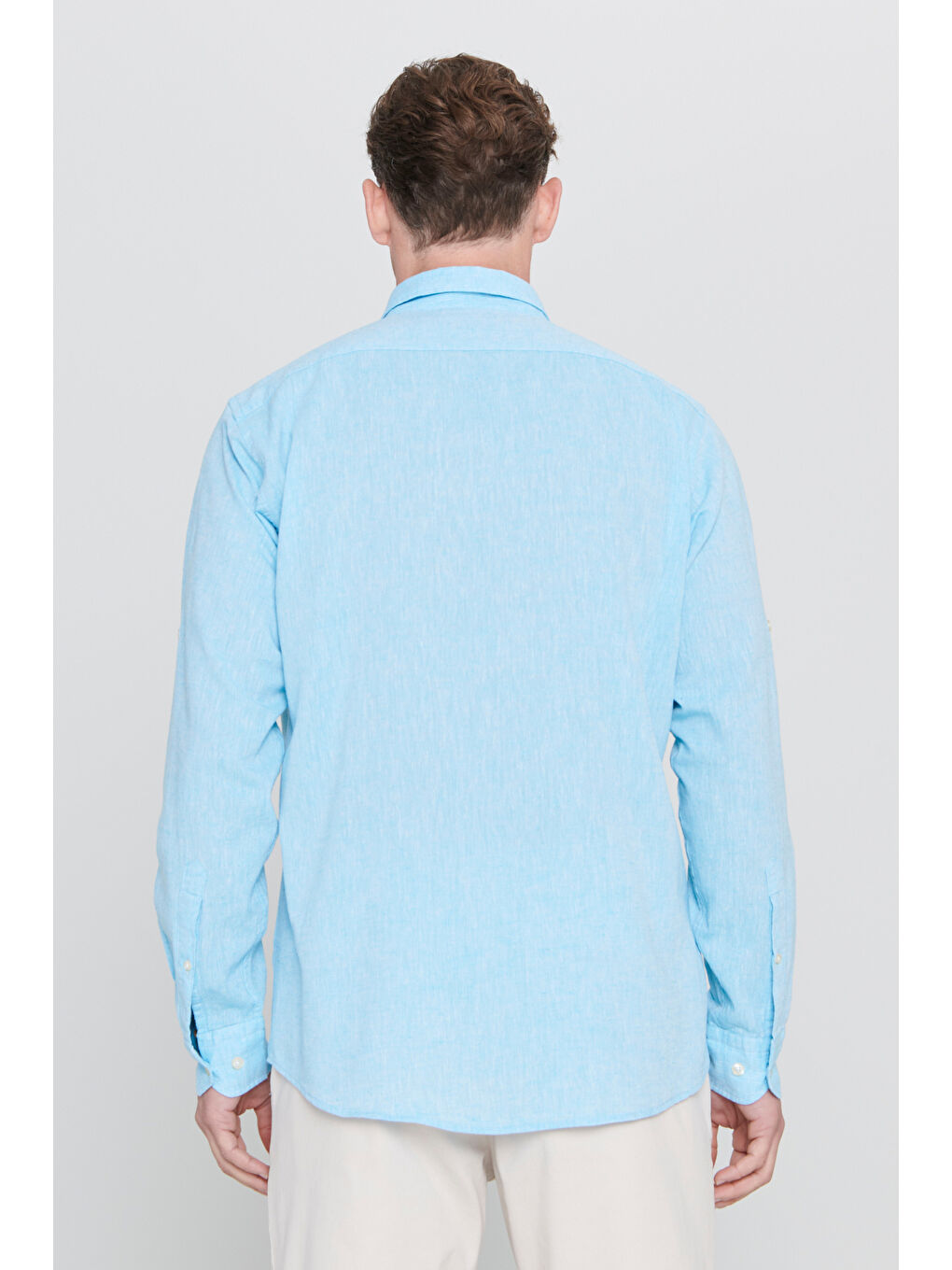 Erkek Turkuaz Comfort Fit Rahat Kesim Düğmeli Yaka Casual Keten Gömlek-5