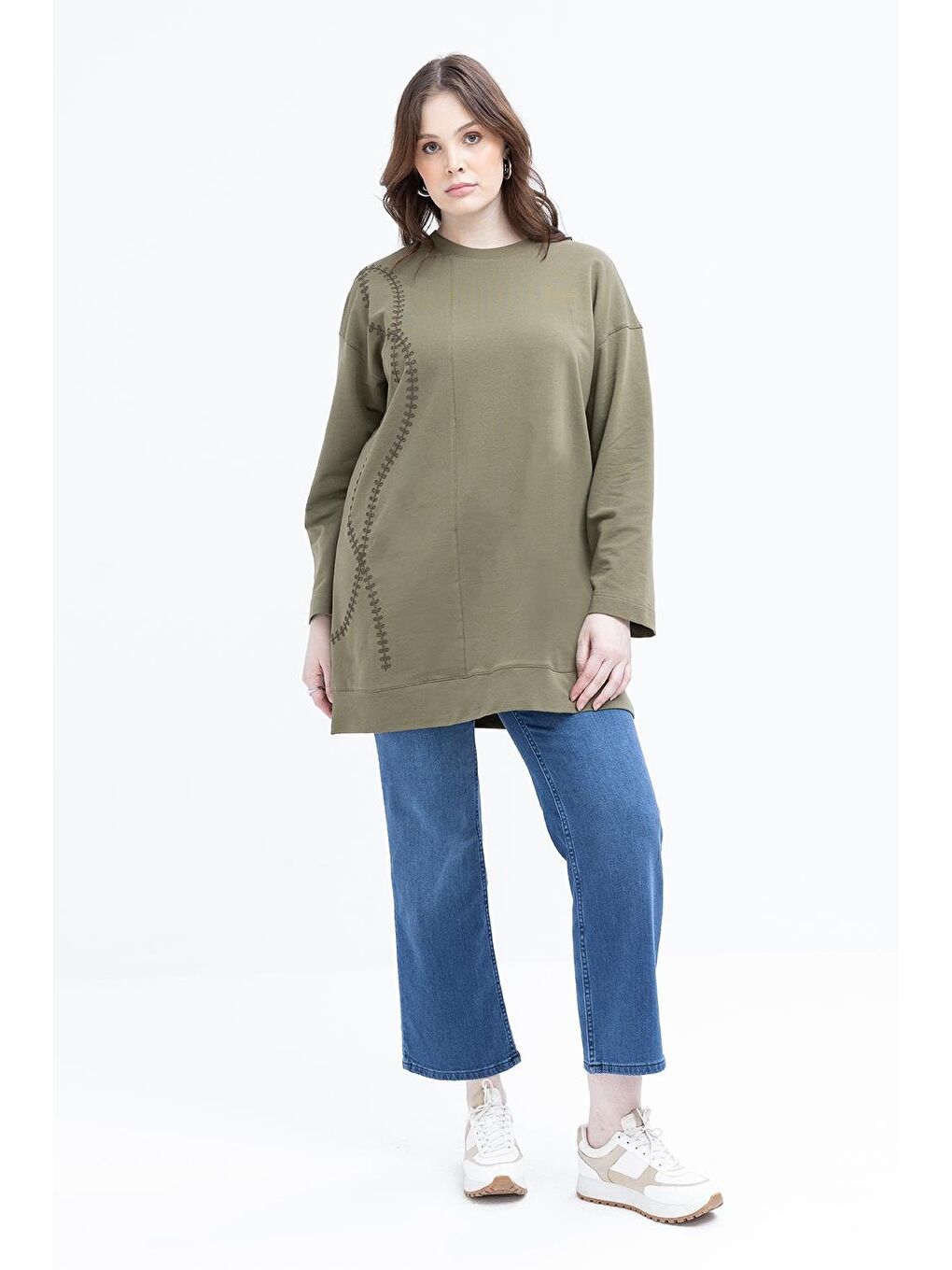 Haki-Nakışlı Bisiklet Yaka Büyük Beden Tunik-1