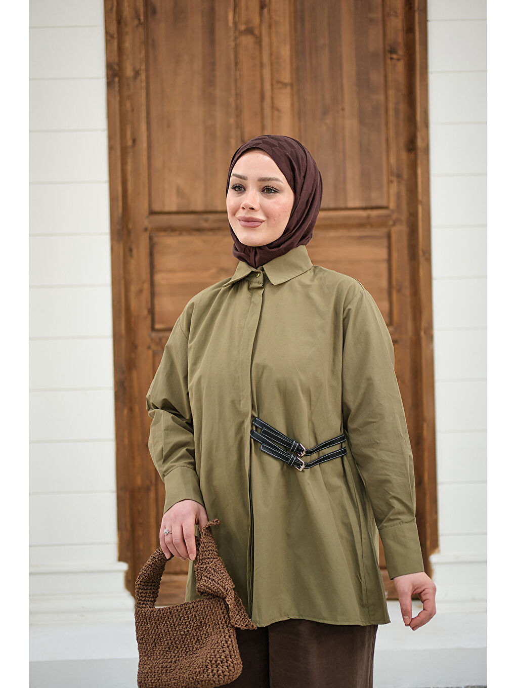 Kadın Çift Kemer Detay Gömlek Haki Yeşil-1
