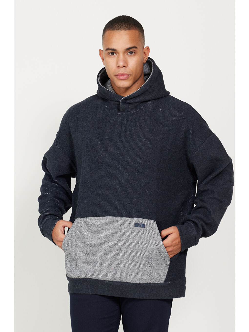 Erkek İndigo Melanj Oversize Bol Kesim Kapüşonlu Desenli Pamuklu Sweatshirt