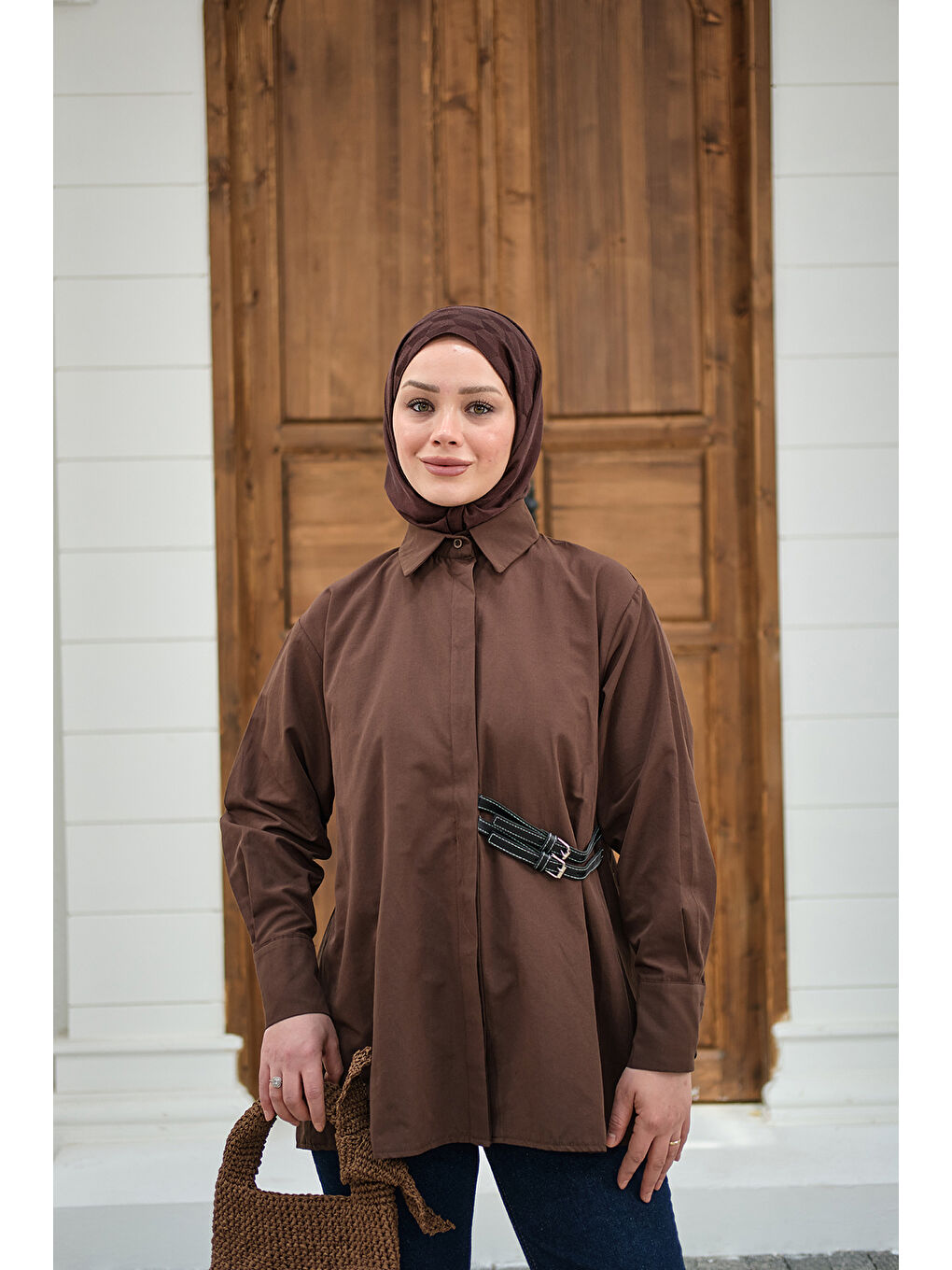 Kadın Çift Kemer Detay Gömlek Kahverengi-1