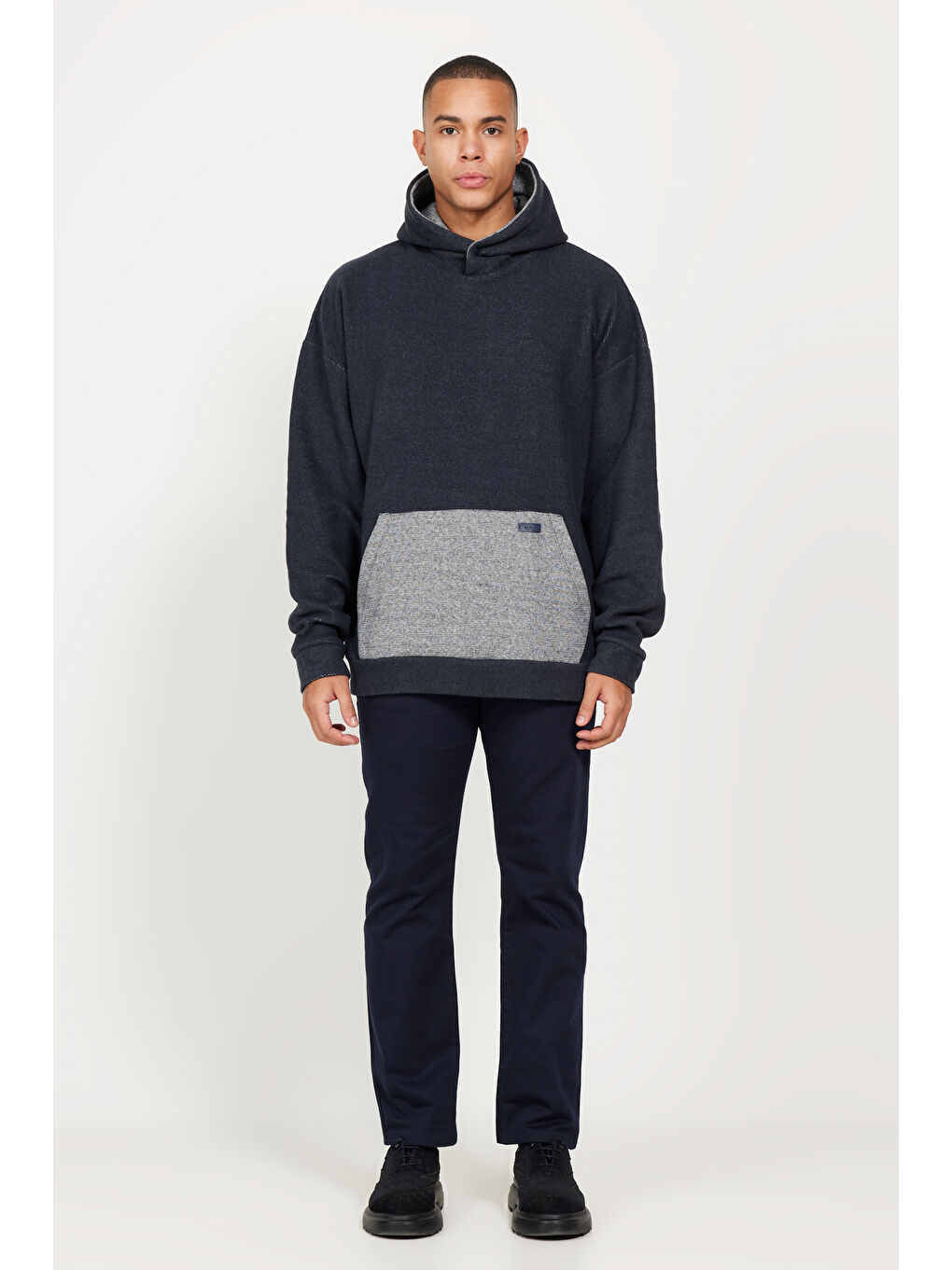 Erkek İndigo Melanj Oversize Bol Kesim Kapüşonlu Desenli Pamuklu Sweatshirt-1