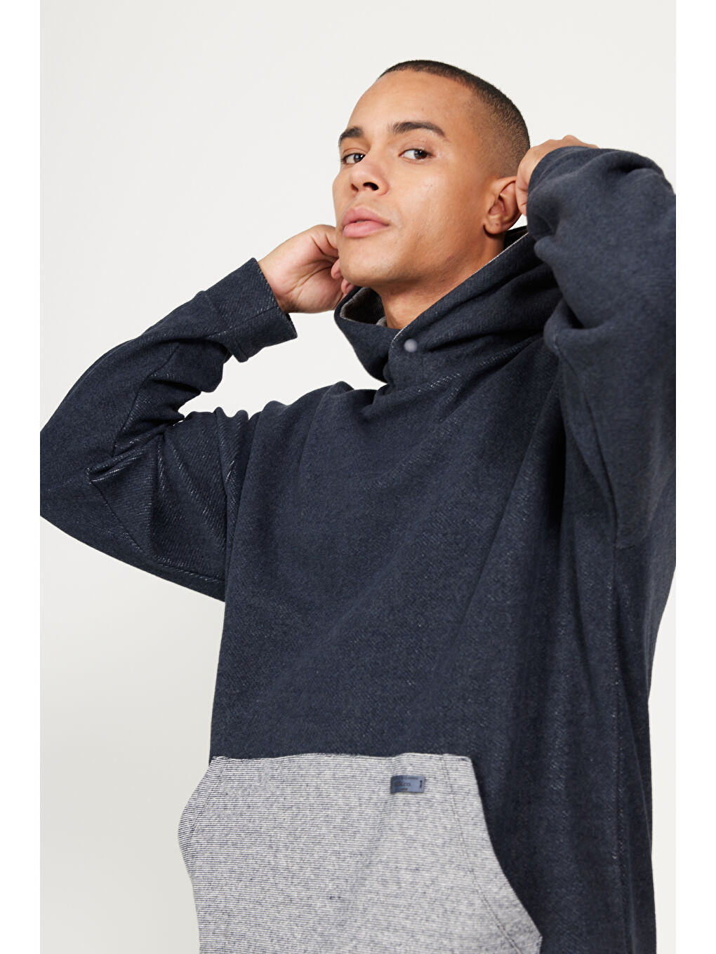 Erkek İndigo Melanj Oversize Bol Kesim Kapüşonlu Desenli Pamuklu Sweatshirt-2