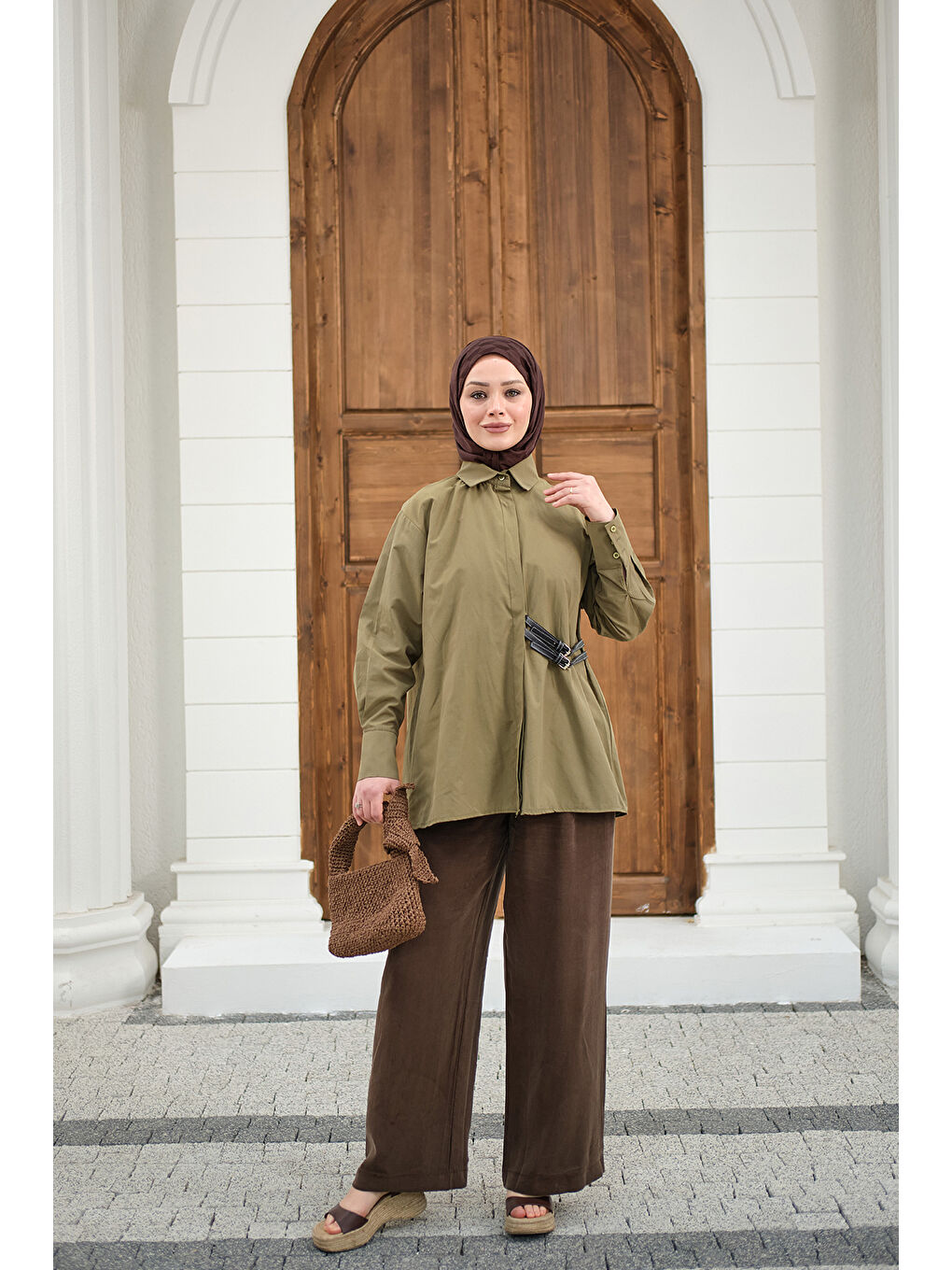Kadın Çift Kemer Detay Gömlek Haki Yeşil-2