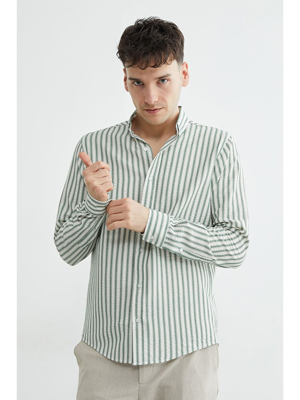 Yeşil Çizgili Gofre Kumaş Gömlek-1