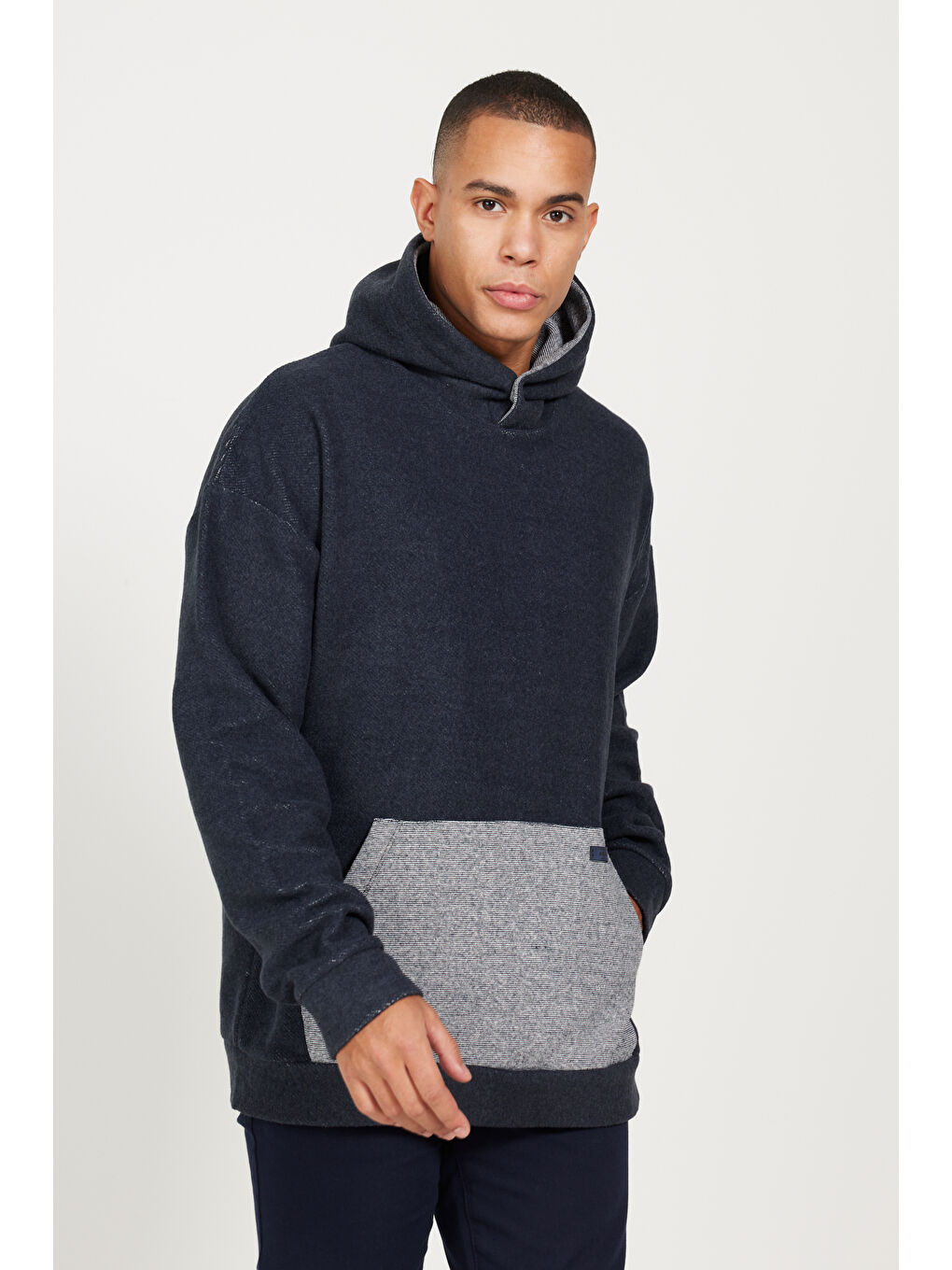 Erkek İndigo Melanj Oversize Bol Kesim Kapüşonlu Desenli Pamuklu Sweatshirt-3