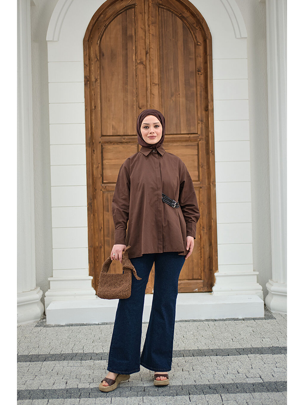 Kadın Çift Kemer Detay Gömlek Kahverengi-2