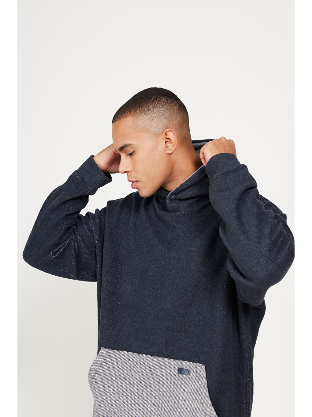 Erkek İndigo Melanj Oversize Bol Kesim Kapüşonlu Desenli Pamuklu Sweatshirt-4