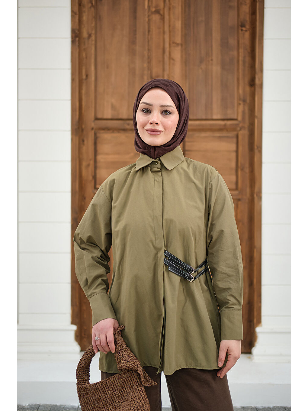 Kadın Çift Kemer Detay Gömlek Haki Yeşil-3