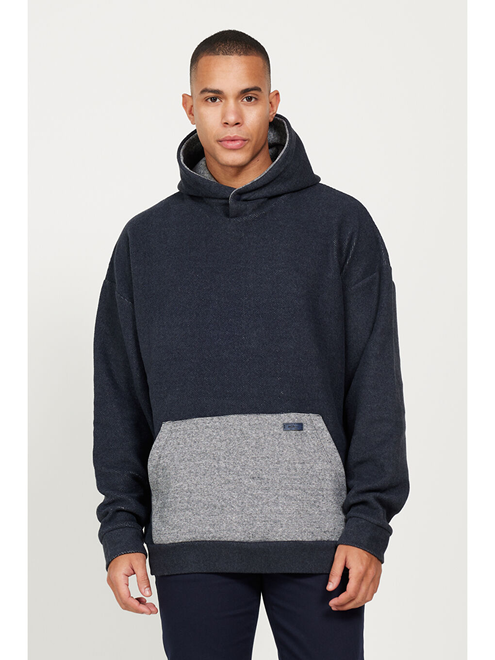 Erkek İndigo Melanj Oversize Bol Kesim Kapüşonlu Desenli Pamuklu Sweatshirt-5