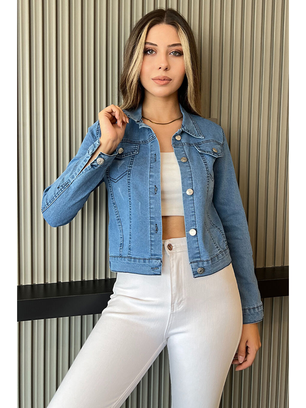 GÜLSELİ Bebek Mavisi Slim Fit Kadın Jean Ceket