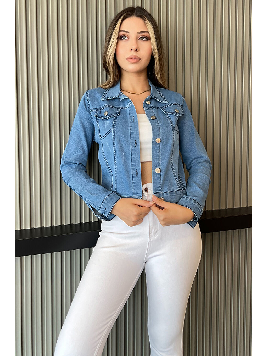 GÜLSELİ Bebek Mavisi Slim Fit Kadın Jean Ceket - 1