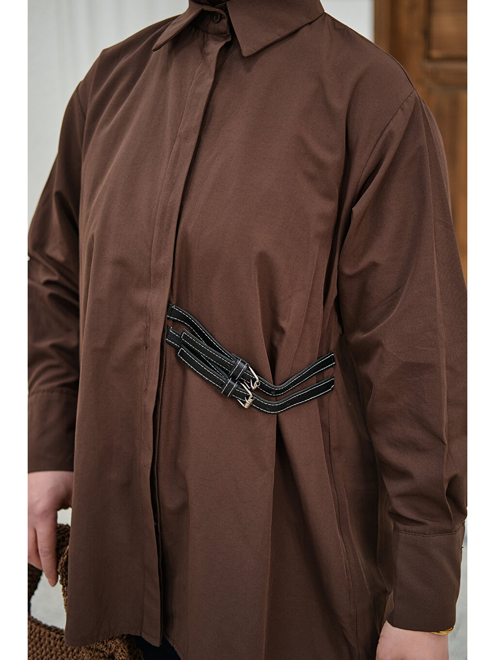 Kadın Çift Kemer Detay Gömlek Kahverengi-3