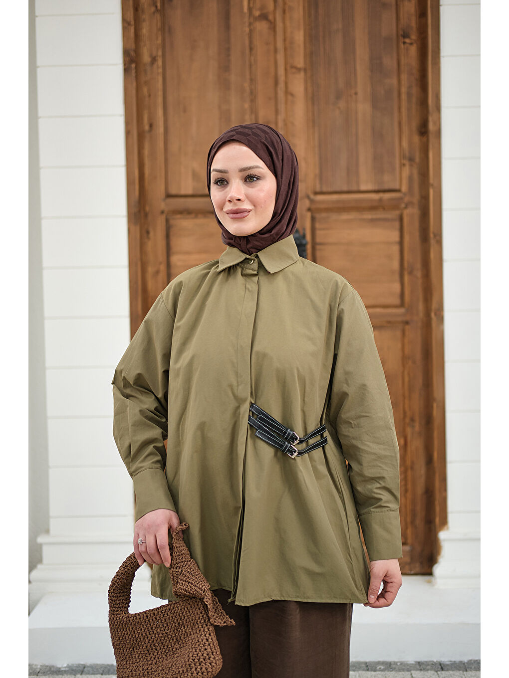 Kadın Çift Kemer Detay Gömlek Haki Yeşil-4