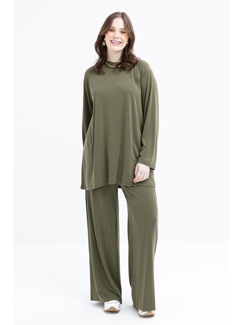 Haki-Taş Baskılı Büyük Beden Tunik