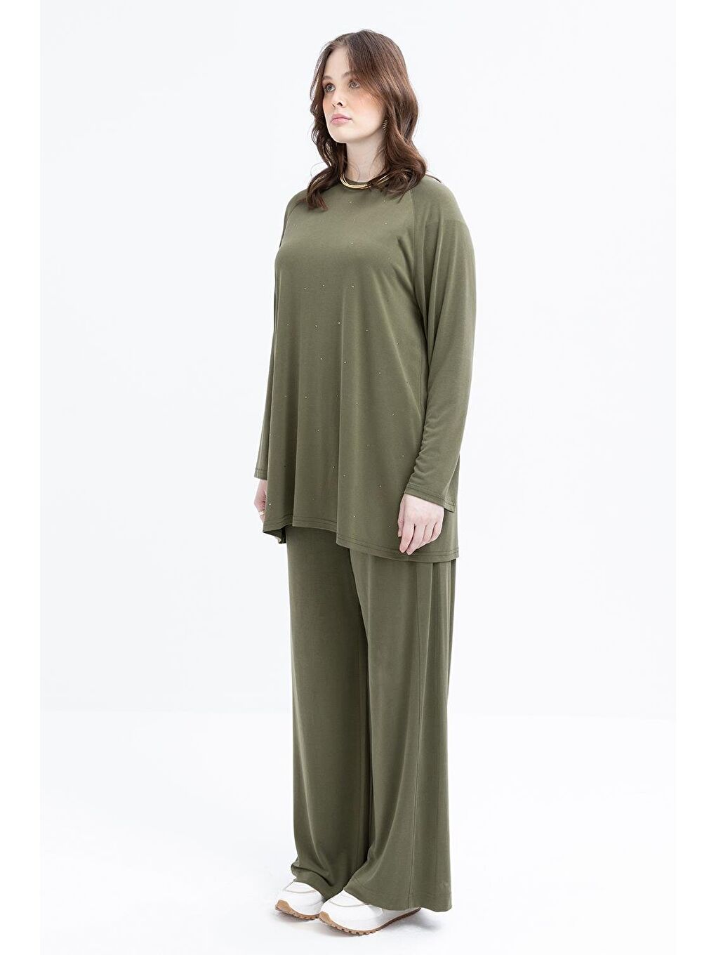 Haki-Taş Baskılı Büyük Beden Tunik-1