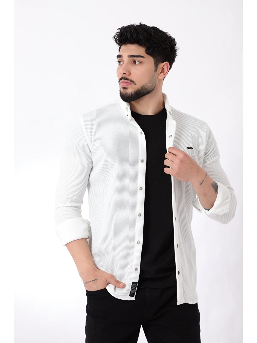 Stilkombin Beyaz Düz Slim Fit Örme Gömlek XC U16788_40297 - 2