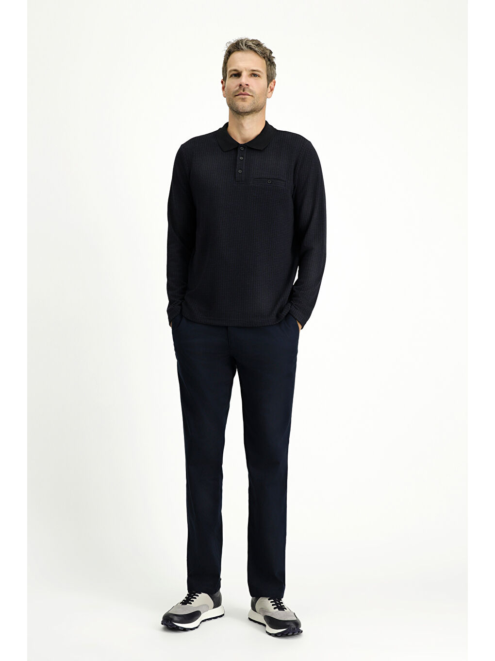 Lacivert Polo Yaka Regular Fit Desenli Sweatshirt