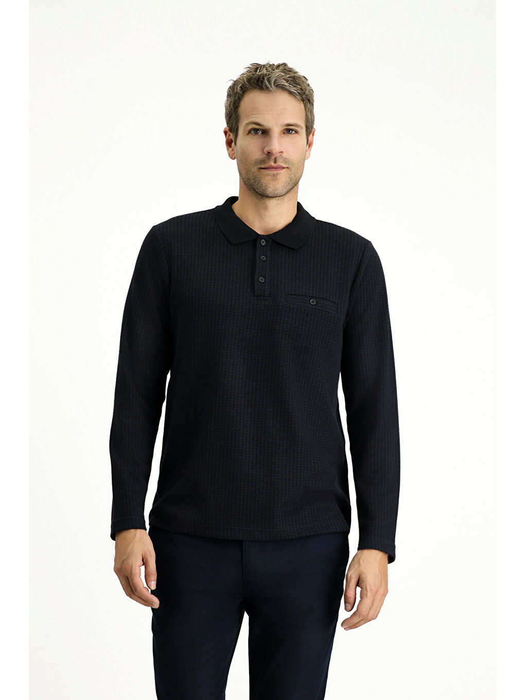 Lacivert Polo Yaka Regular Fit Desenli Sweatshirt-1