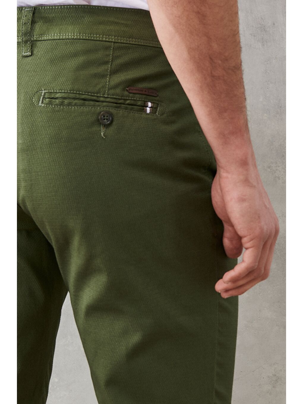 Erkek Haki Slim Fit Armürlü Yan Cepli Pamuklu Chino Pantolon-3