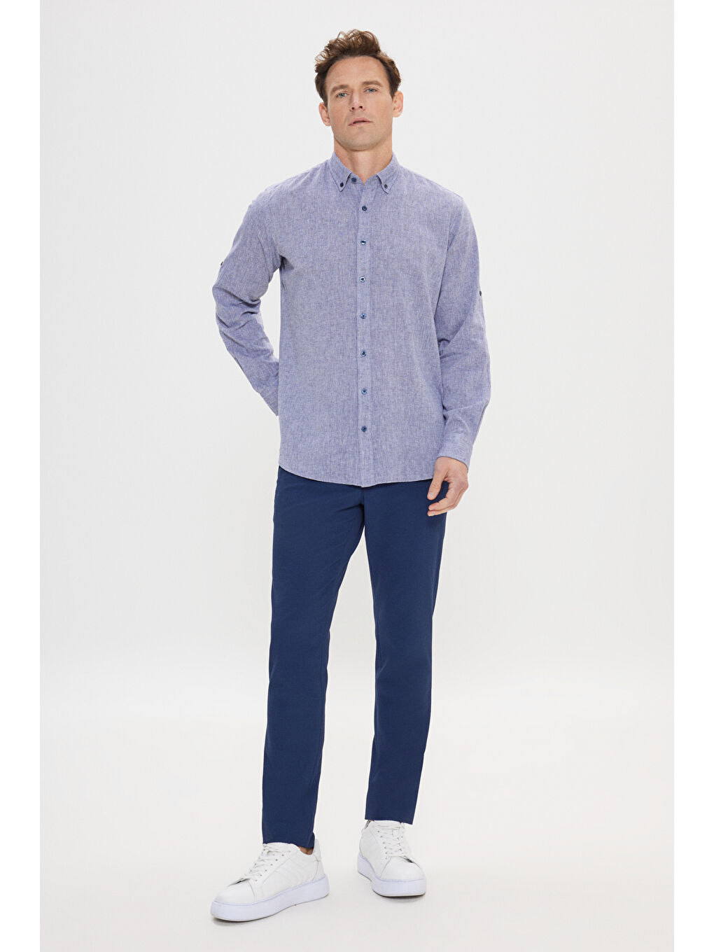 Erkek Lacivert Comfort Fit Rahat Kesim Düğmeli Yaka Casual Keten Gömlek-1