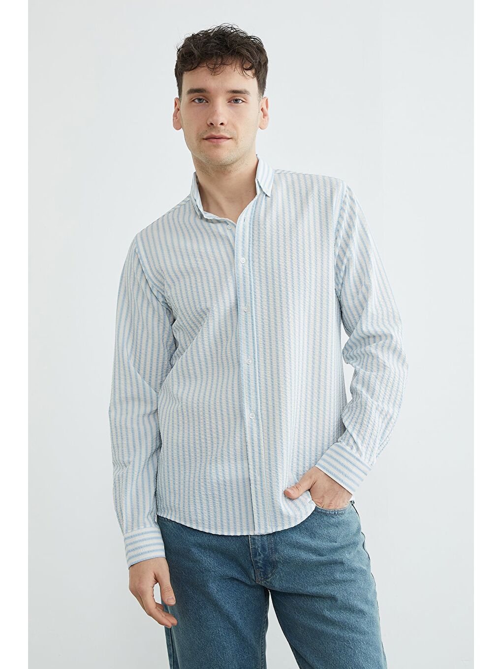 Mavi Çizgili Gofre Kumaş Gömlek-1