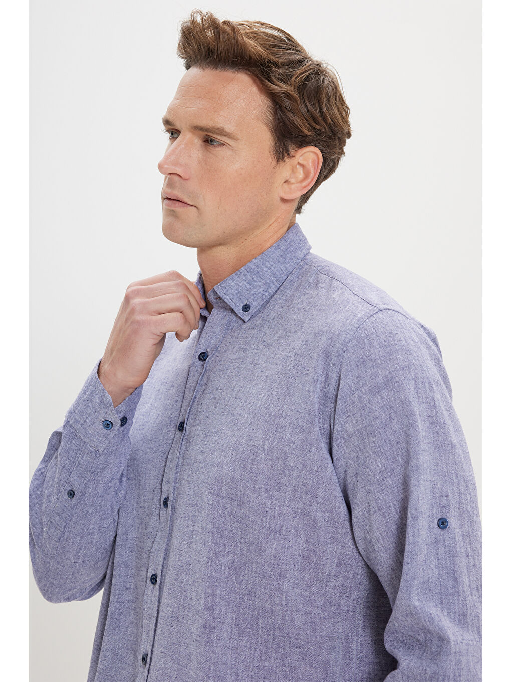 Erkek Lacivert Comfort Fit Rahat Kesim Düğmeli Yaka Casual Keten Gömlek-2