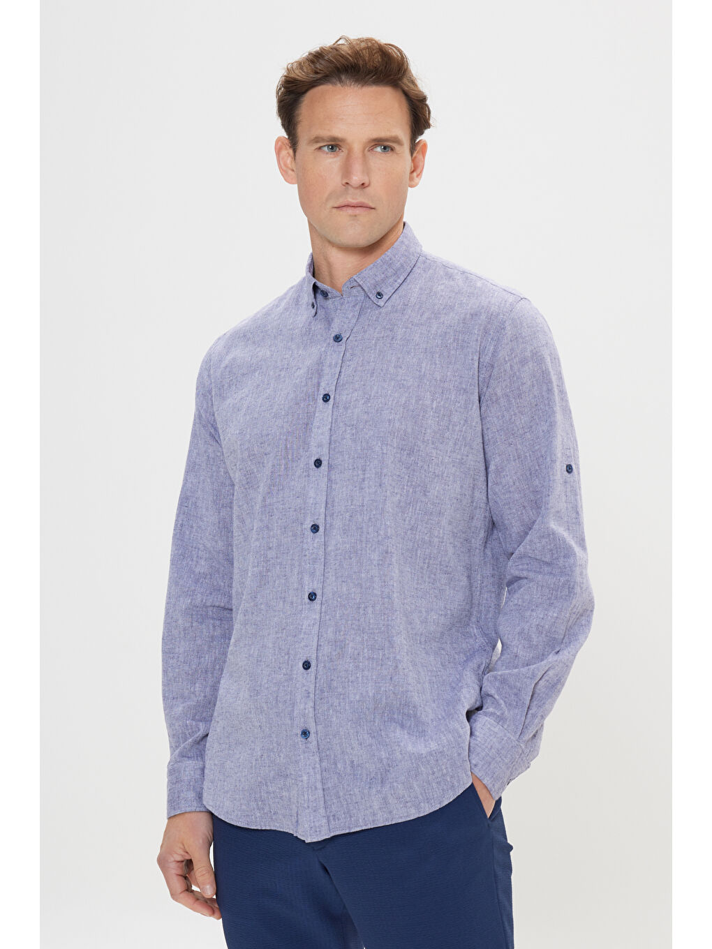 Erkek Lacivert Comfort Fit Rahat Kesim Düğmeli Yaka Casual Keten Gömlek-3