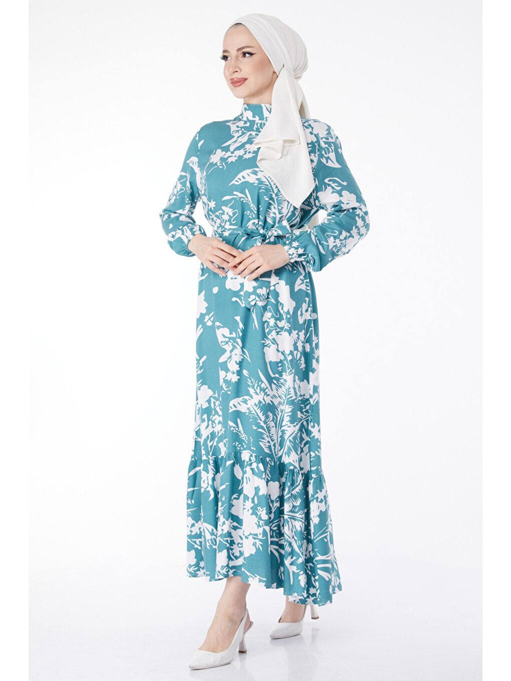 Hakim Yaka Kadın Yeşil Kuşaklı Desenli Elbise - 24861-1