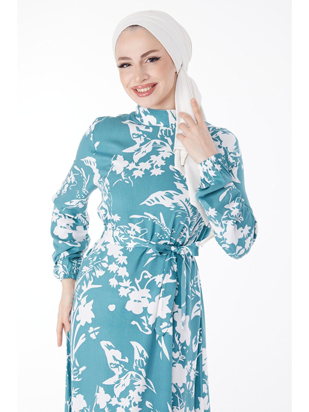 Hakim Yaka Kadın Yeşil Kuşaklı Desenli Elbise - 24861-2