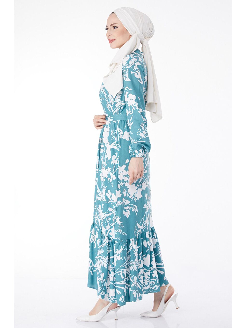 Hakim Yaka Kadın Yeşil Kuşaklı Desenli Elbise - 24861-3