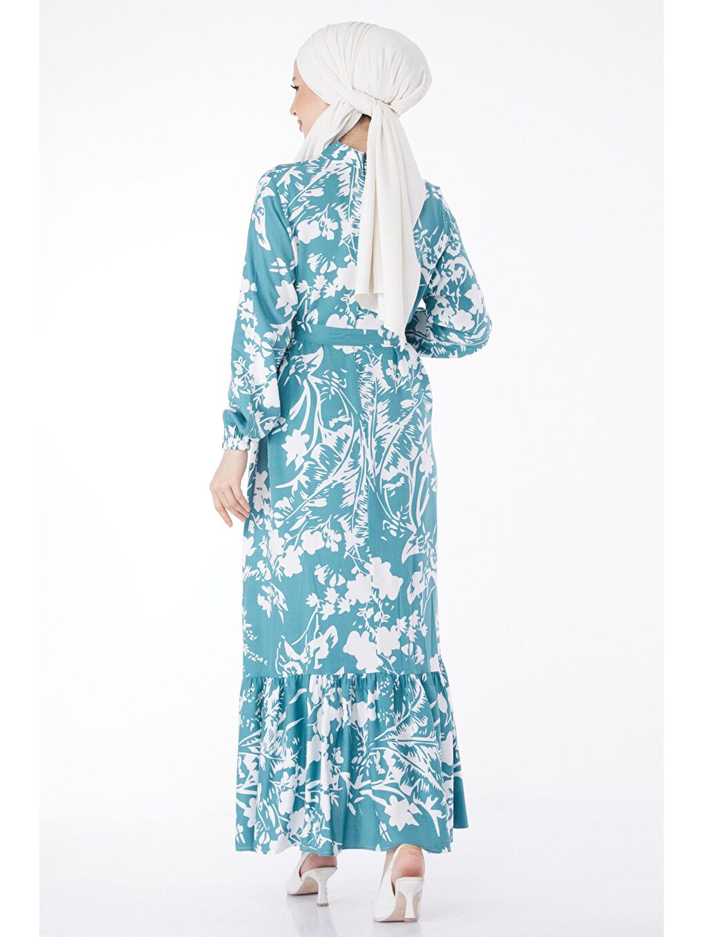 Hakim Yaka Kadın Yeşil Kuşaklı Desenli Elbise - 24861-4