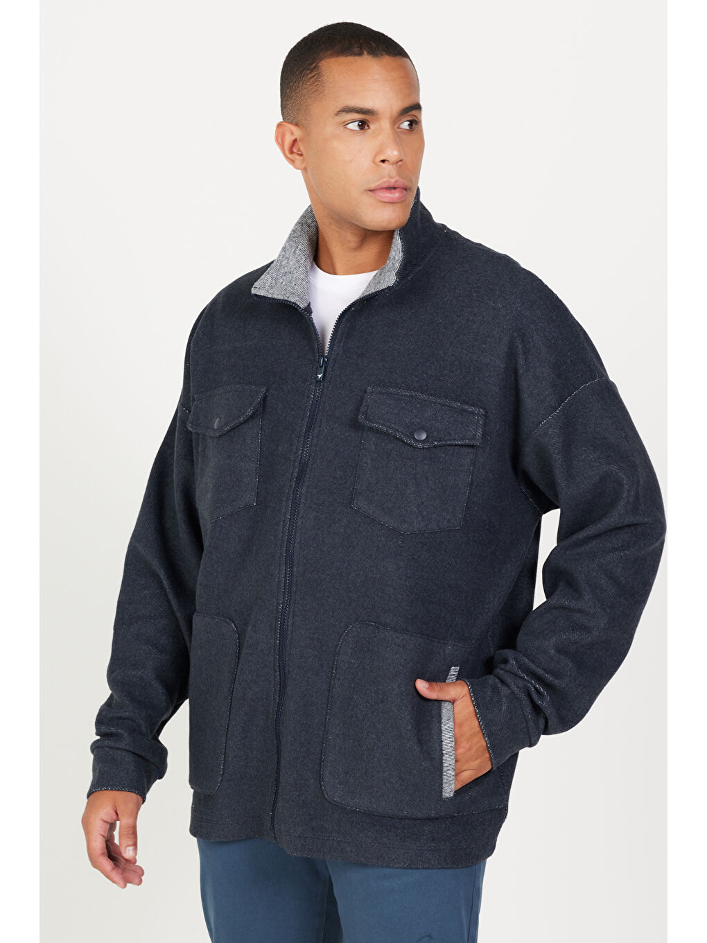 İndigo Melanj Oversize Bol Kesim Dik Yaka Pamuklu Desenli Erkek Fermuarlı Sweatshirt Hırka