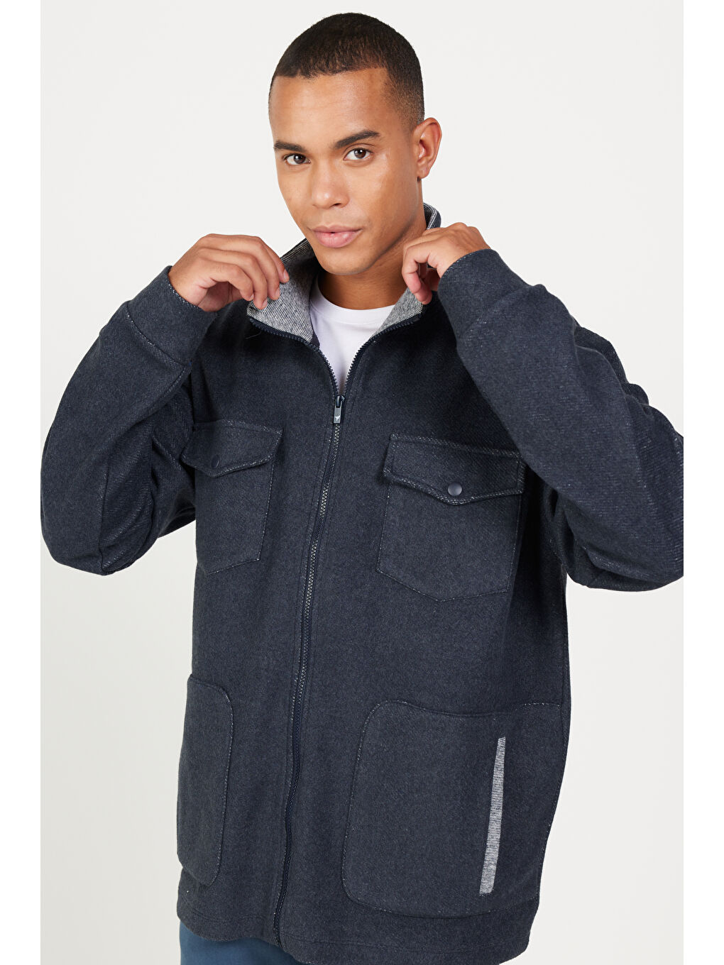 İndigo Melanj Oversize Bol Kesim Dik Yaka Pamuklu Desenli Erkek Fermuarlı Sweatshirt Hırka-1