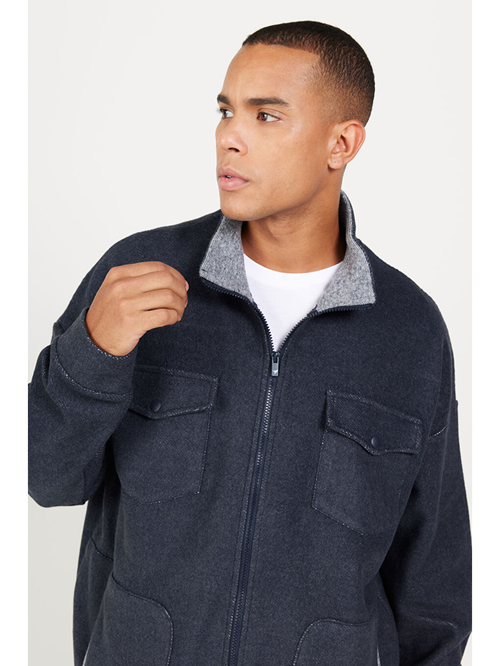 İndigo Melanj Oversize Bol Kesim Dik Yaka Pamuklu Desenli Erkek Fermuarlı Sweatshirt Hırka-2