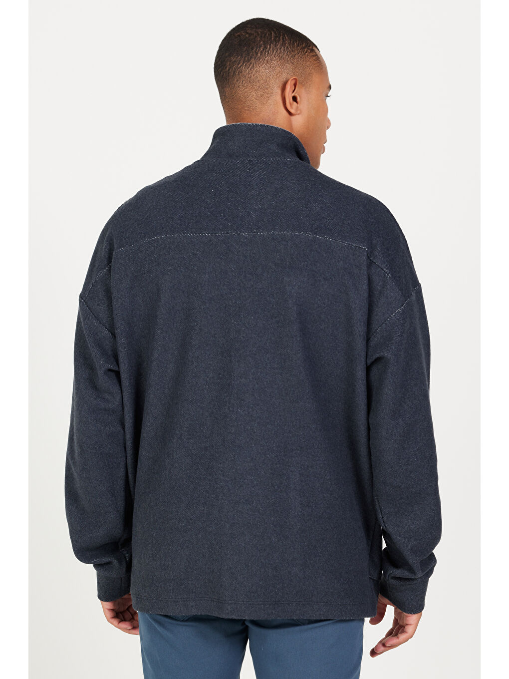 İndigo Melanj Oversize Bol Kesim Dik Yaka Pamuklu Desenli Erkek Fermuarlı Sweatshirt Hırka-4