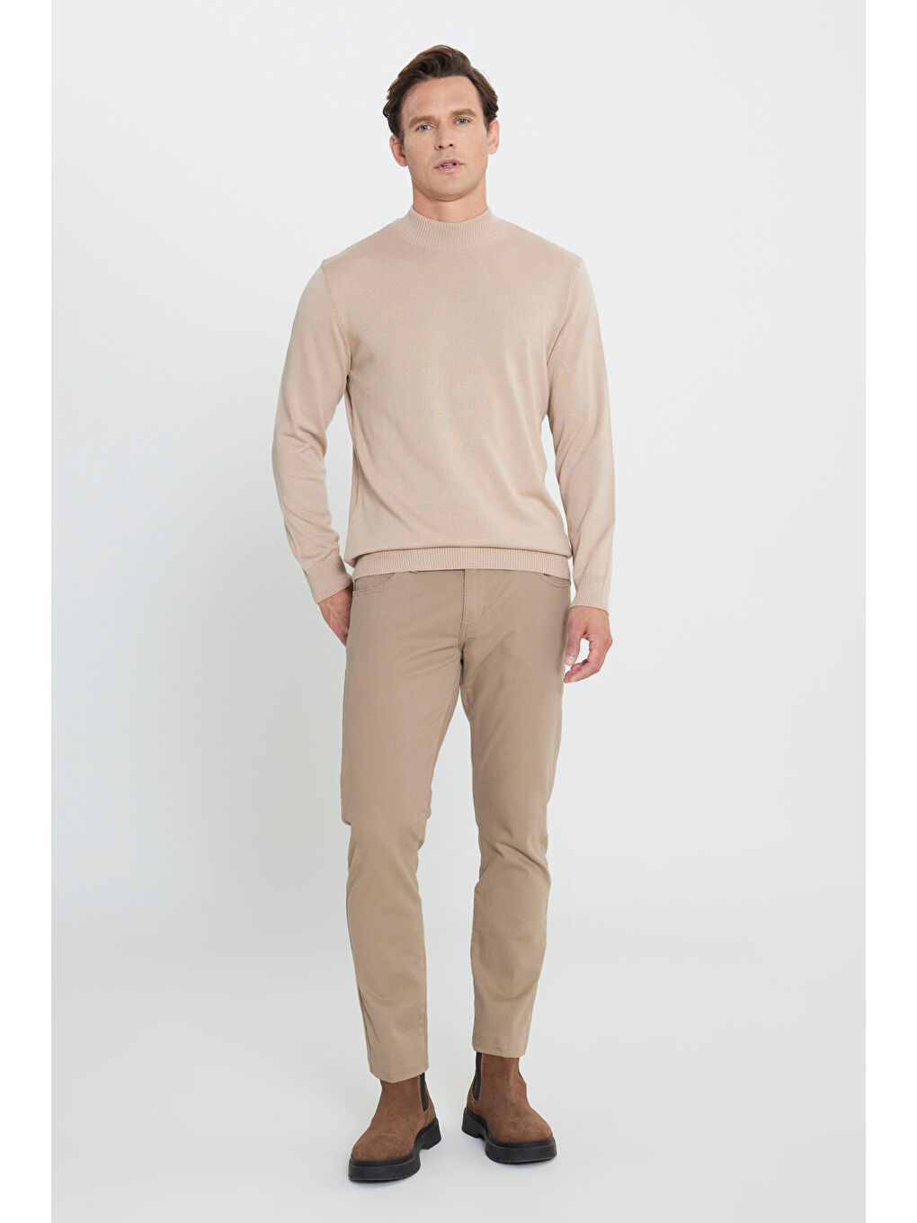 Erkek Bej Melanj Standart Fit Normal Kesim Yarım Balıkçı Yaka Pamuklu Triko Kazak-1