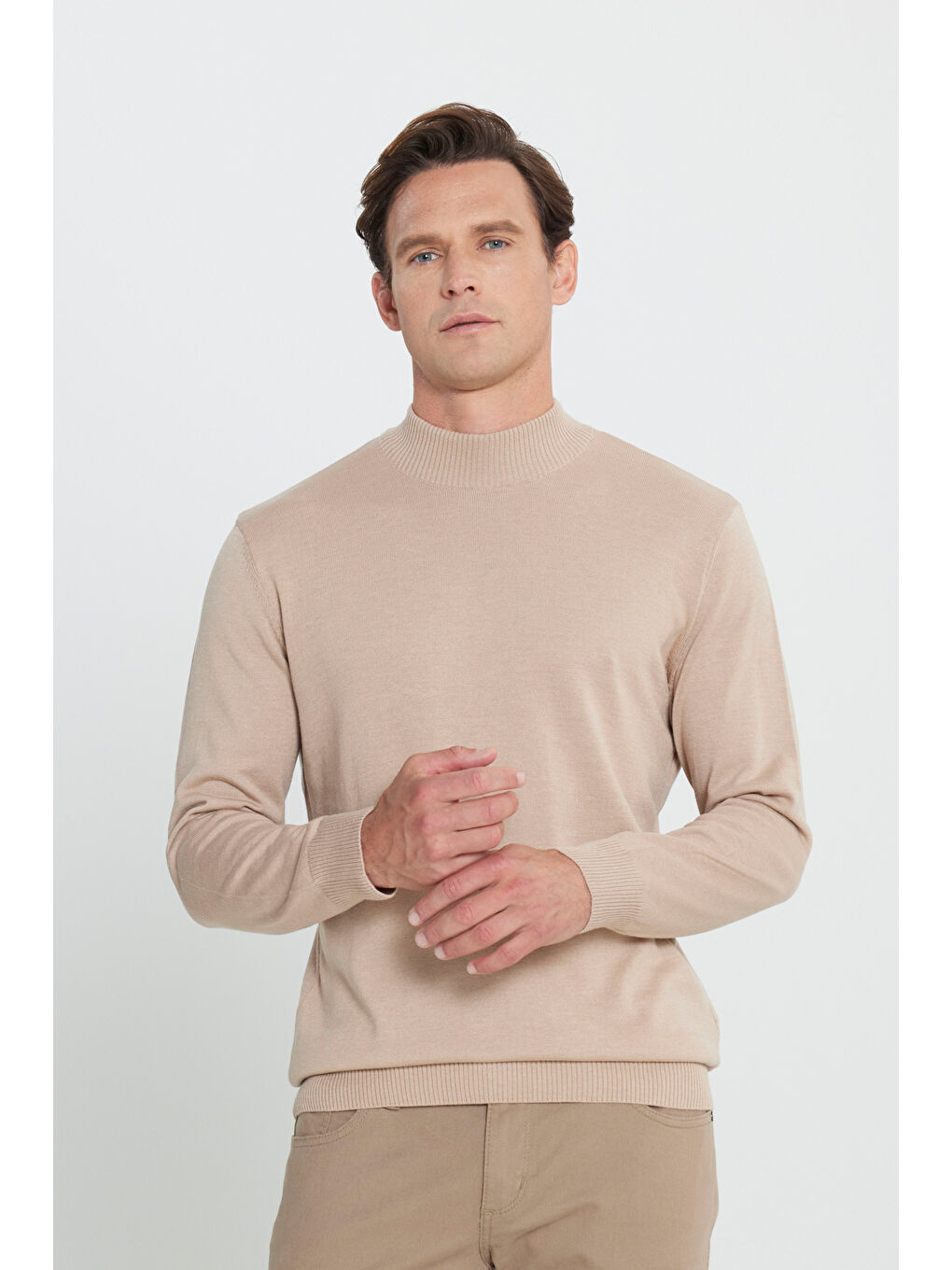 Erkek Bej Melanj Standart Fit Normal Kesim Yarım Balıkçı Yaka Pamuklu Triko Kazak-2