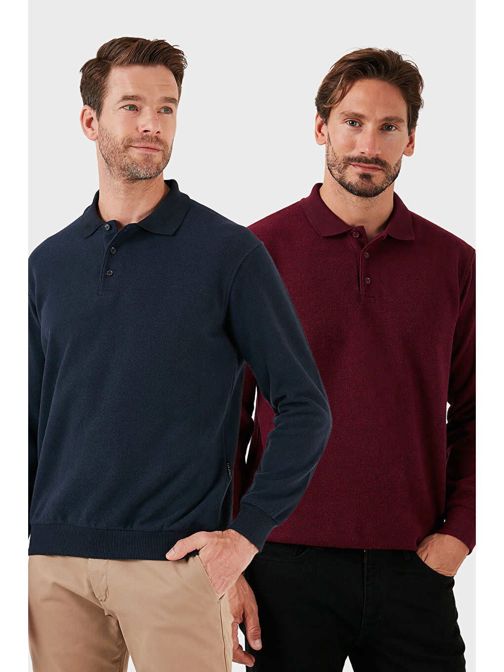 Lacivert Pamuk Karışımlı Regular Fit 2'li Paket Polo Yaka Büyük Beden Kazak 456223S2