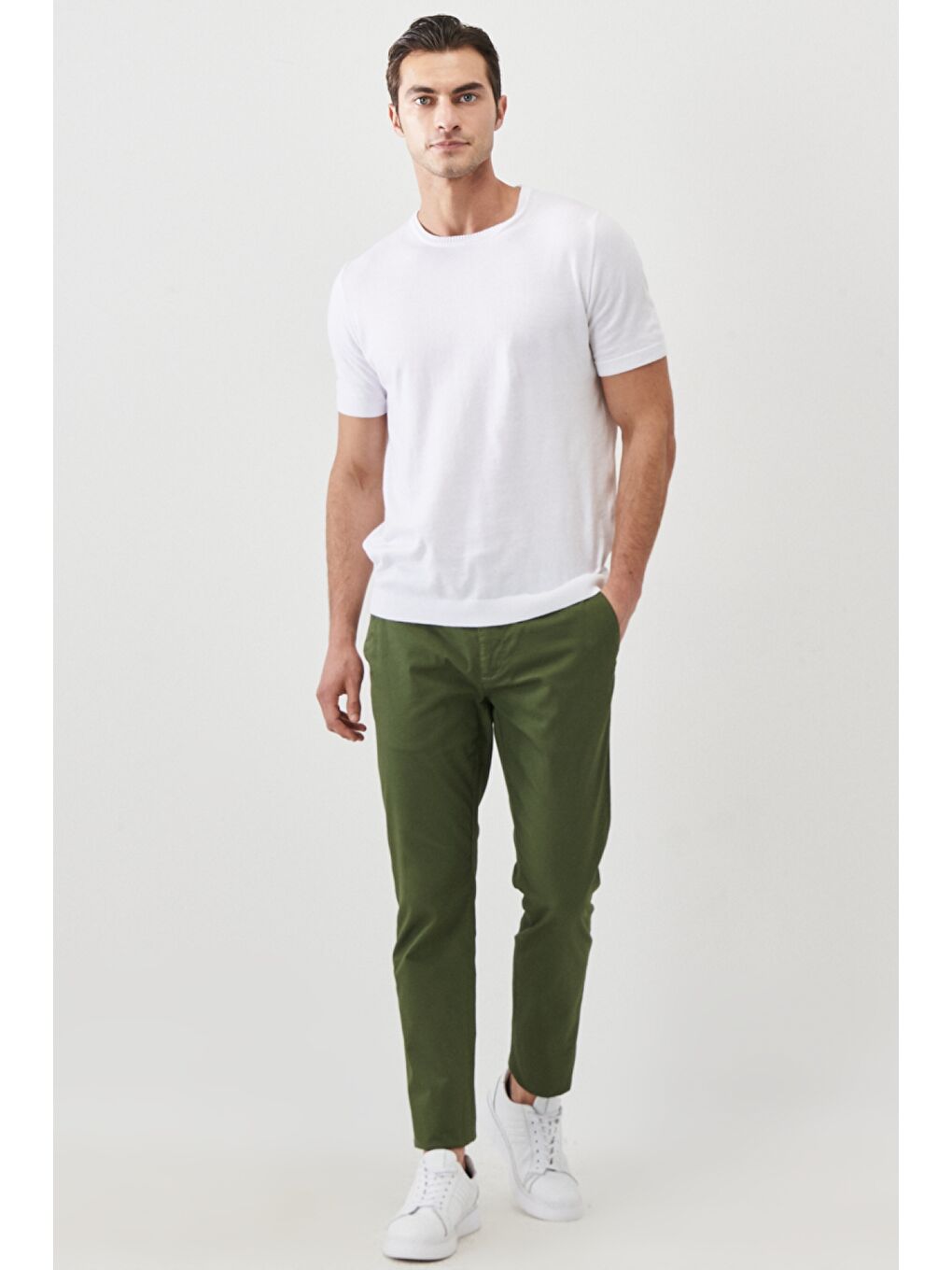 Erkek Haki Slim Fit Armürlü Yan Cepli Pamuklu Chino Pantolon-6