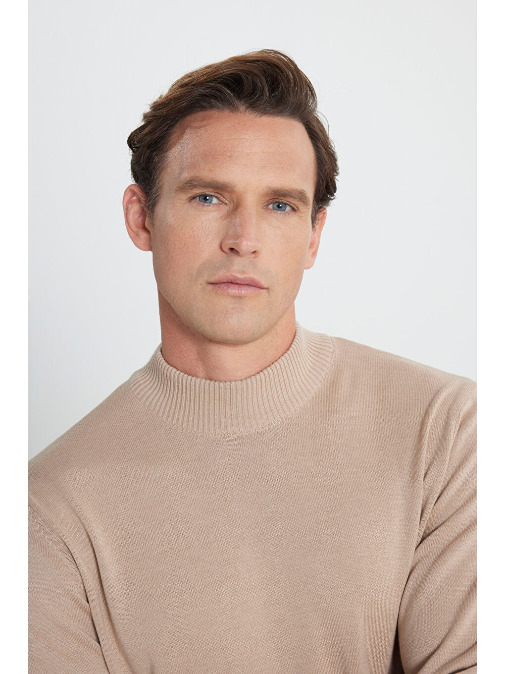 Erkek Bej Melanj Standart Fit Normal Kesim Yarım Balıkçı Yaka Pamuklu Triko Kazak-3