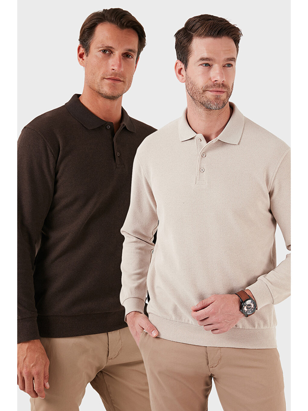 Bej Pamuk Karışımlı Regular Fit 2'li Paket Polo Yaka Kazak 456223S2
