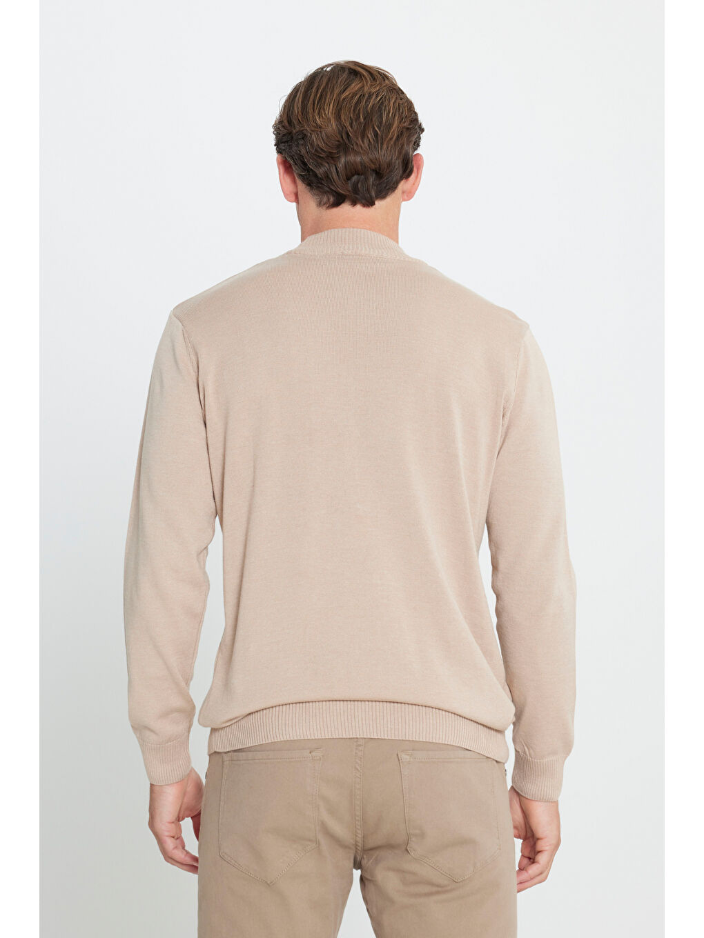 Erkek Bej Melanj Standart Fit Normal Kesim Yarım Balıkçı Yaka Pamuklu Triko Kazak-4