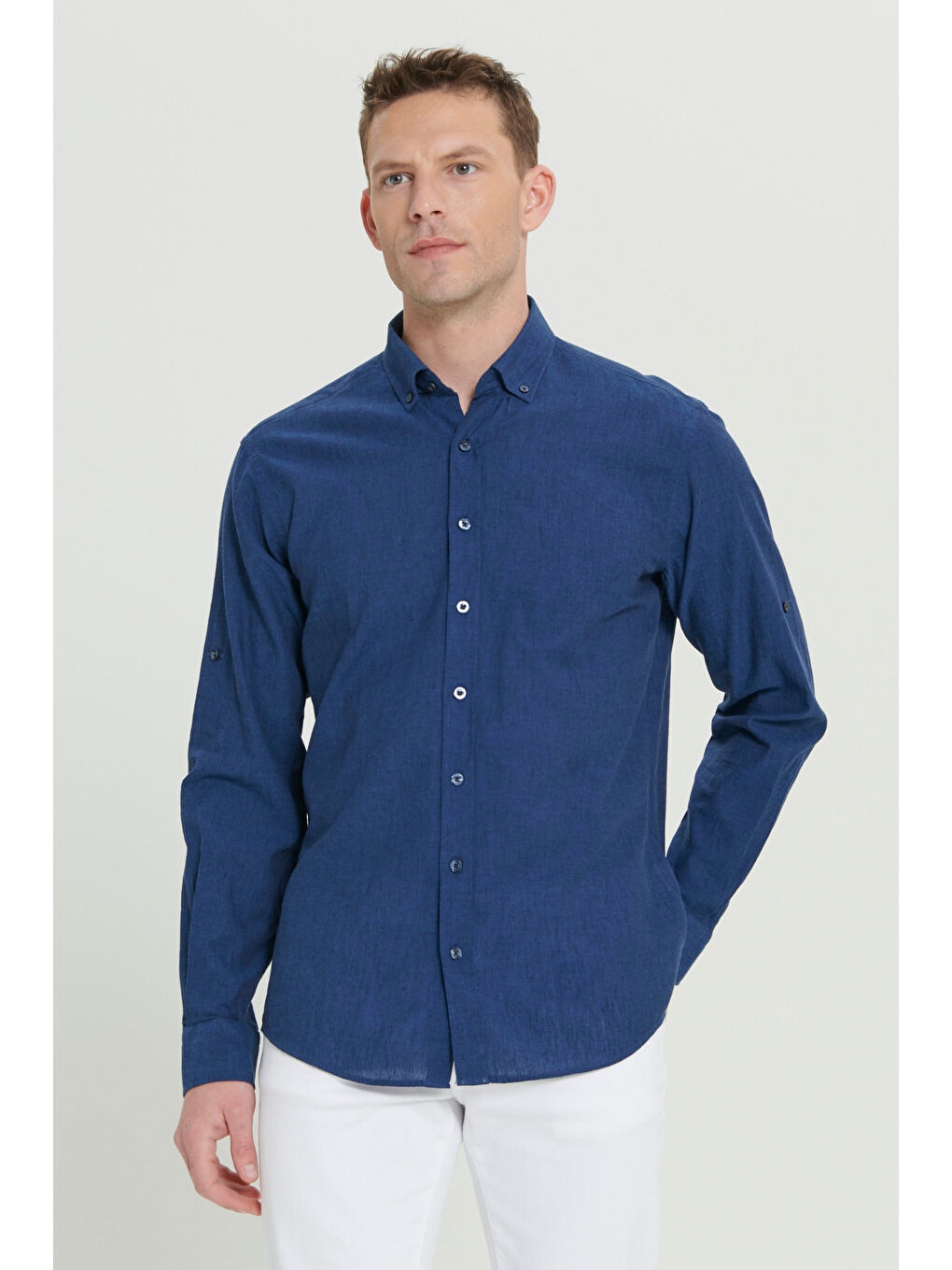Erkek İndigo Comfort Fit Rahat Kesim Düğmeli Yaka Casual Keten Gömlek-2