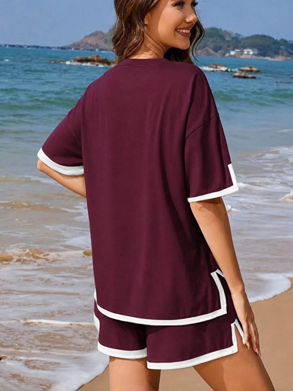 Bordo Kadın Kısa Kollu Bisiklet Yaka Şerit Detaylı Viskon Iki Iplik Bluz Ve Kısa Short Ikili Takım-2