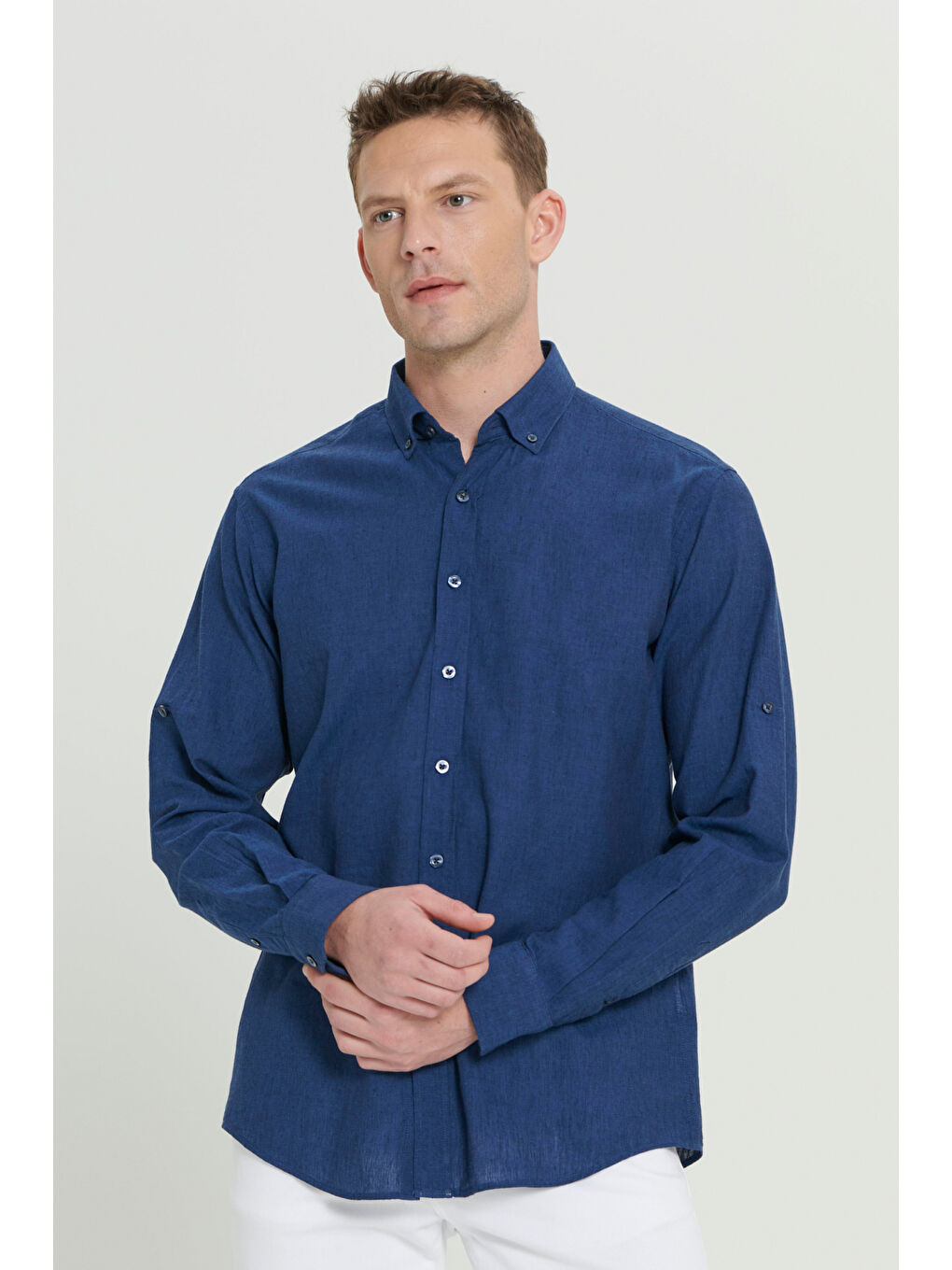 Erkek İndigo Comfort Fit Rahat Kesim Düğmeli Yaka Casual Keten Gömlek-4