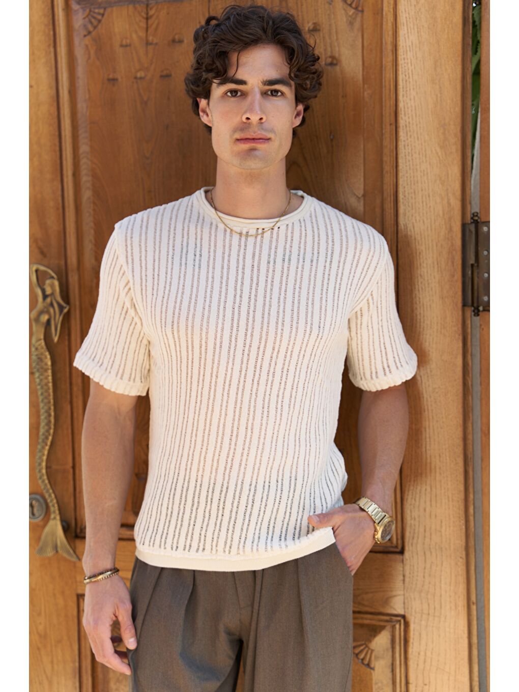 Joseph Erkek Yuvarlak Yaka Ekru Triko T-Shirt-2