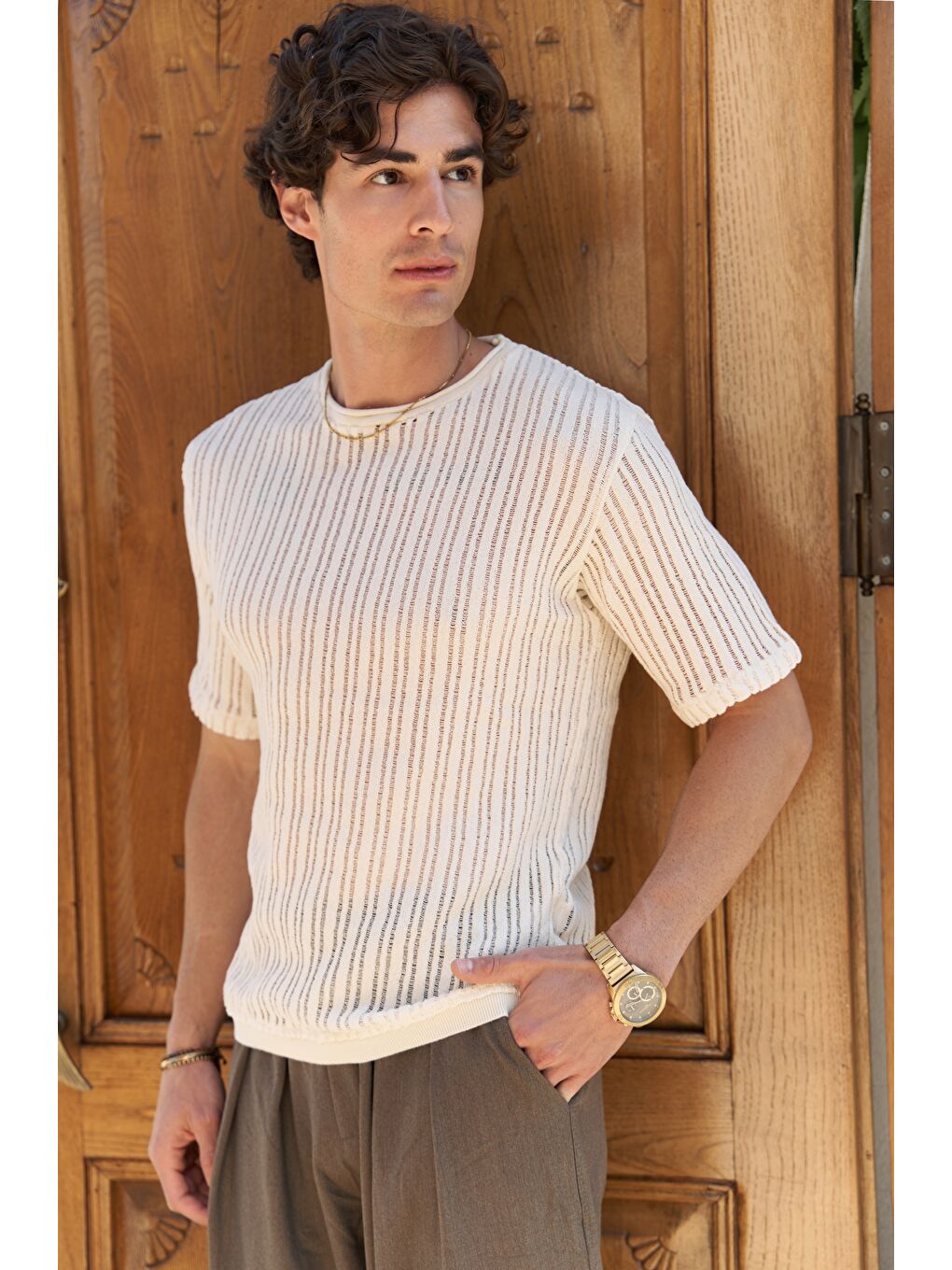 Joseph Erkek Yuvarlak Yaka Ekru Triko T-Shirt-3