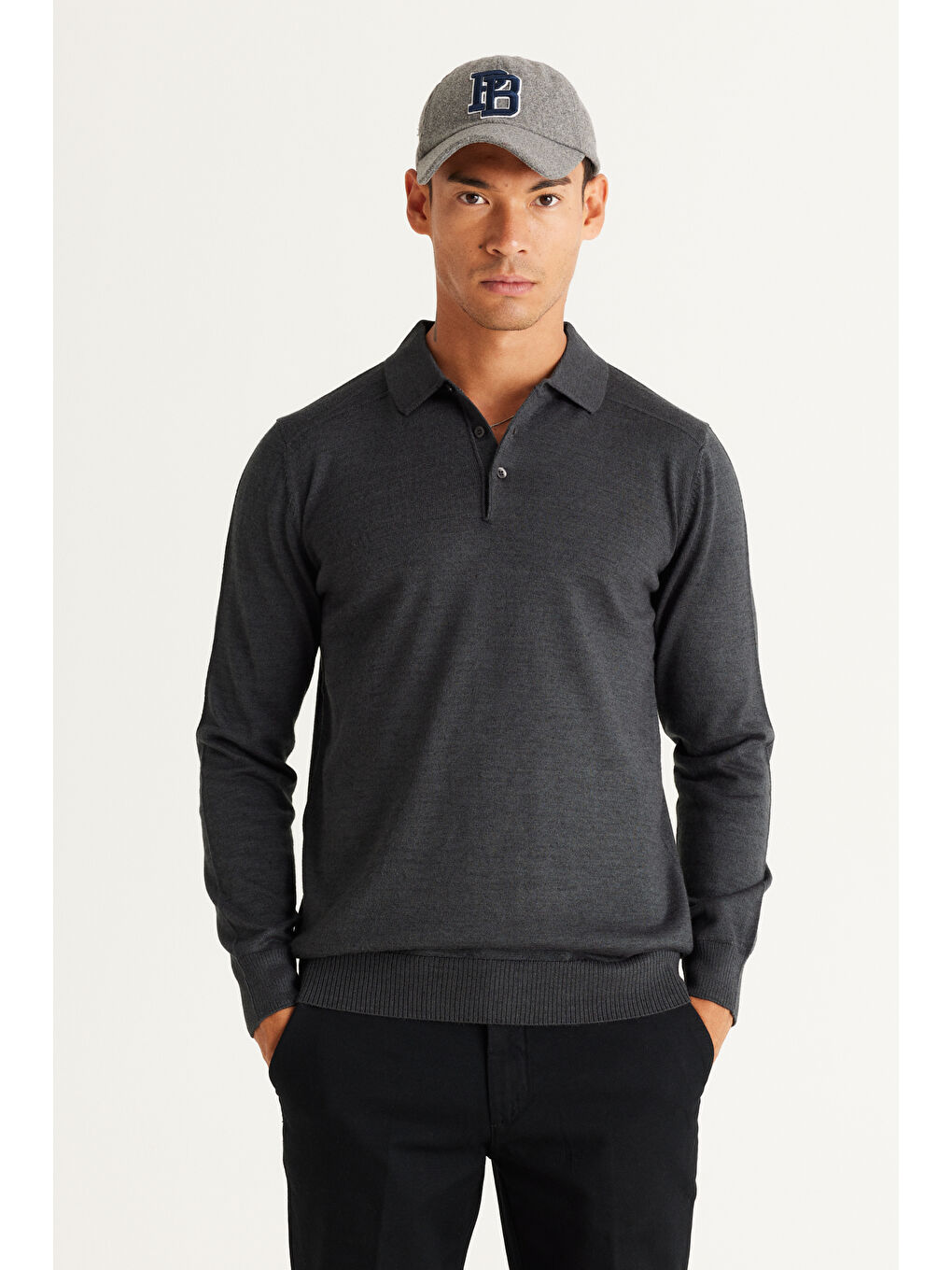 Erkek Antrasit-Melanj Standart Fit Normal Kesim Polo Yaka Triko Kazak